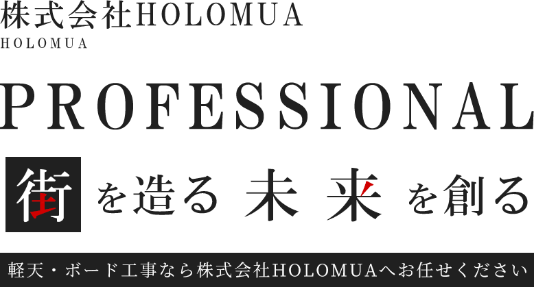 株式会社HOLOMUA、PROFESSIONAL、街を造る未来を創る、軽天・ボード工事なら株式会社HOLOMUAへお任せください